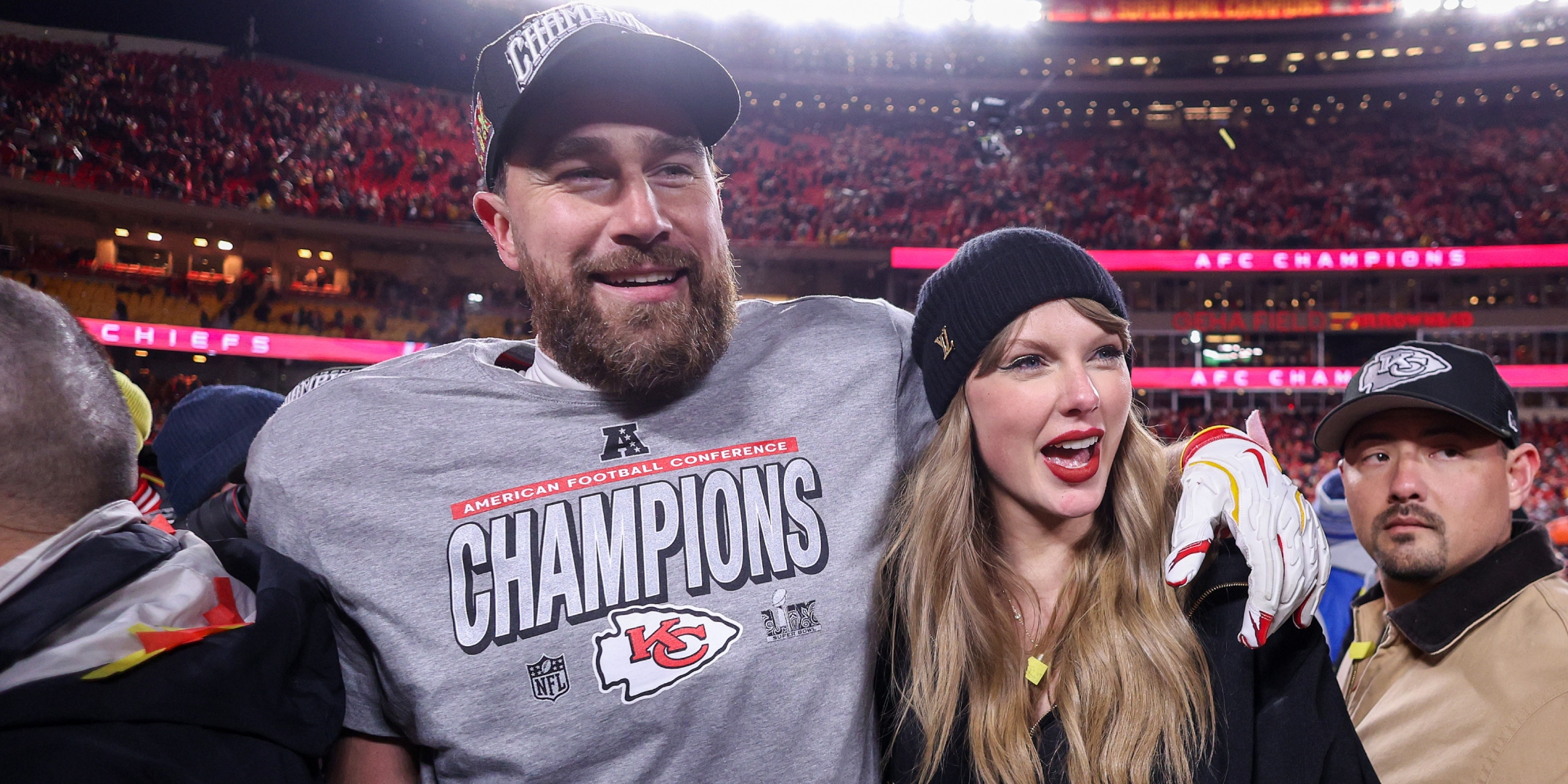 Travis Kelce and Taylor Swift celebrate Superbowl win