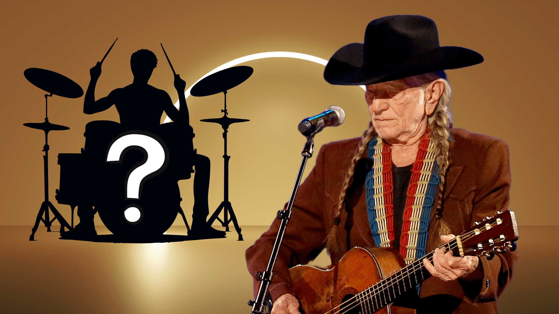 Willie Nelson playing guitar with a mystery drummer behind him.