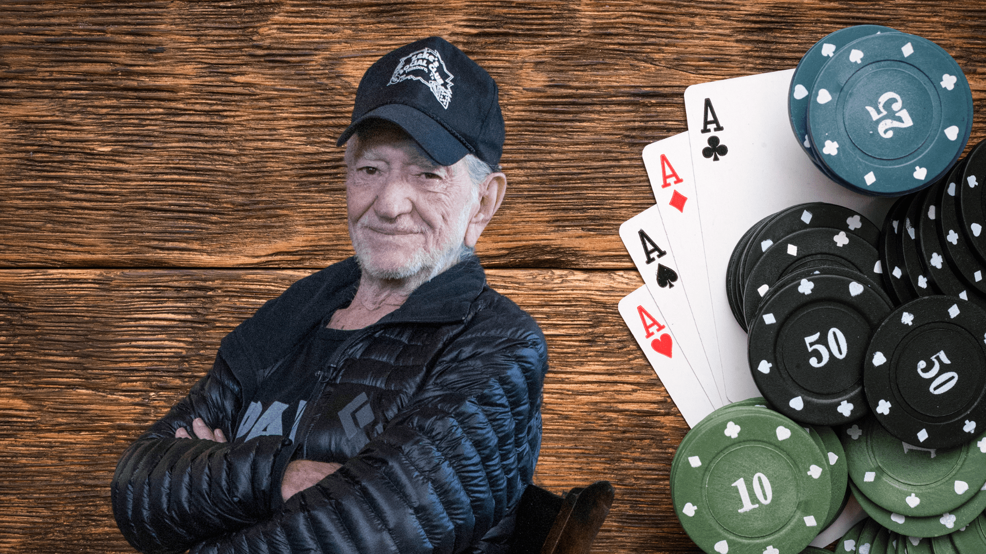 Willie Nelson sitting next to poker chips and playing cards.