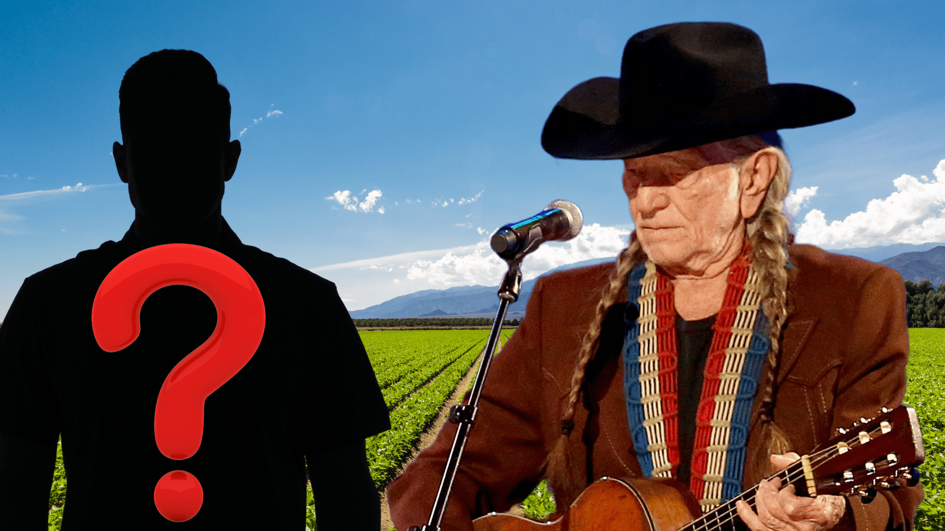 Willie Nelson and a mystery man performing outdoors