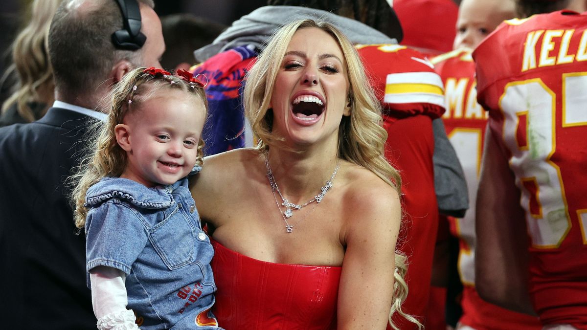 Patrick Mahomes #15 of the Kansas City Chiefs wife, Brittany Mahomes, celebrates after defeating the San Francisco 49ers 25-22 in overtime during Super Bowl LVIII