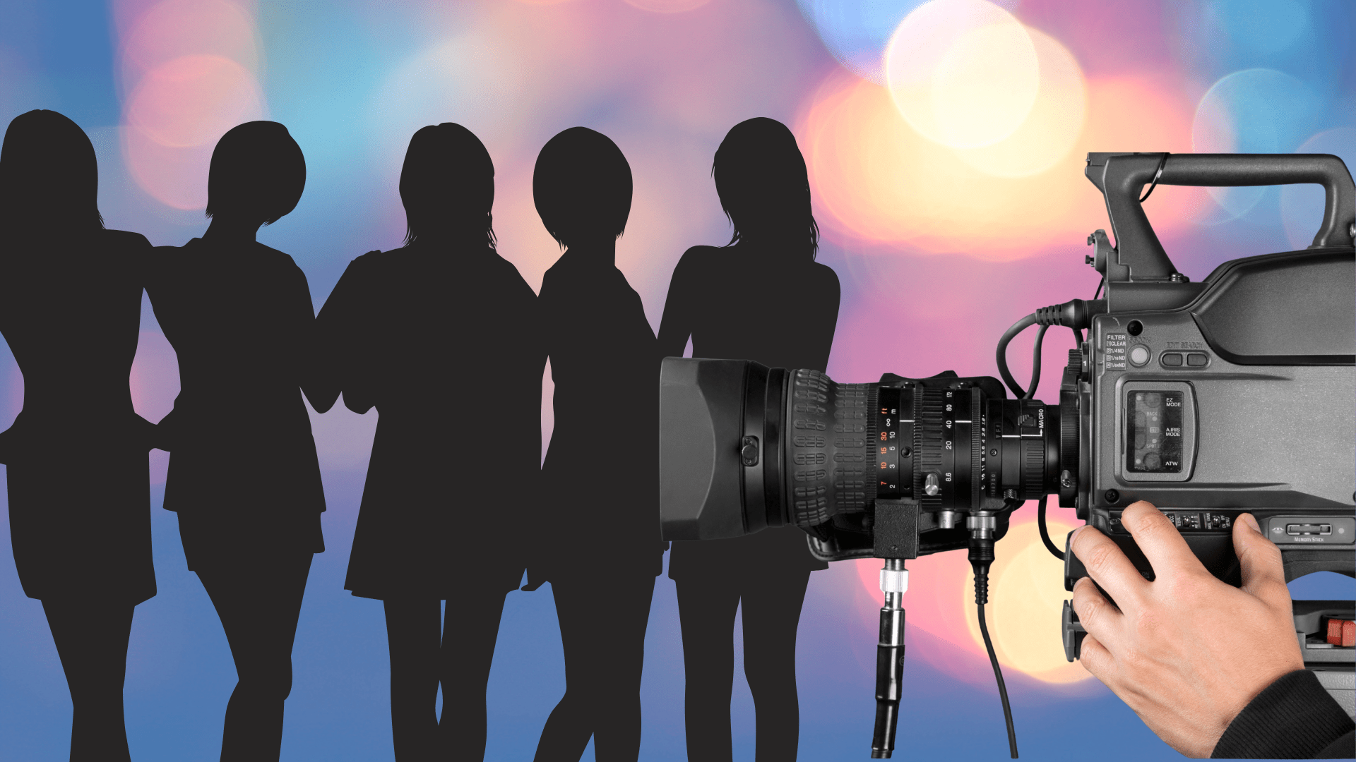 A silhouette of a group of women, a hand holding a video camera
