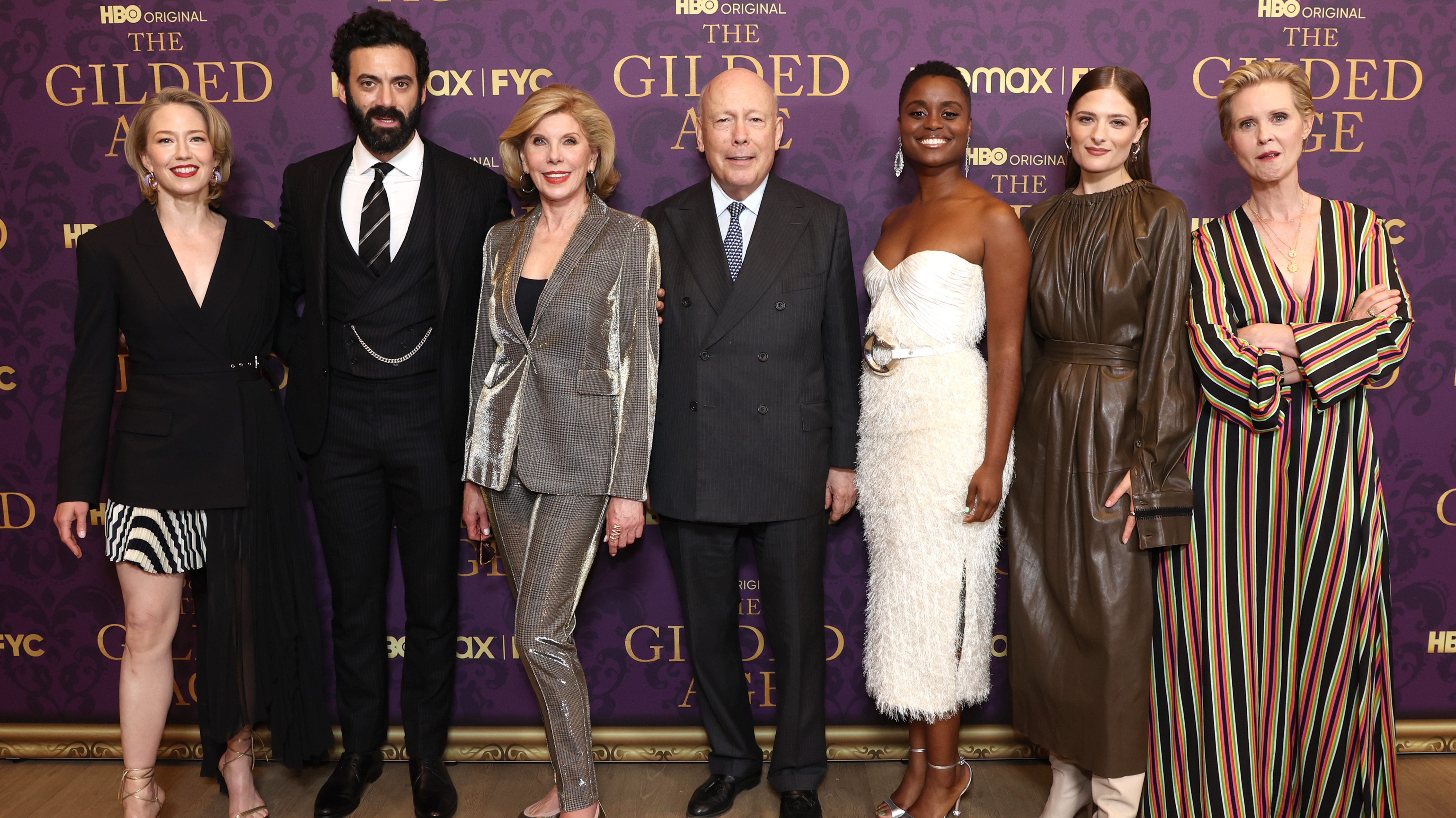 Carrie Coon, Morgan Spector, Christine Baranski, Julian Fellowes, Denee Benton, Louisa Jacobson, and Cynthia Nixon at "The Gilded Age" FYC screening in 2022