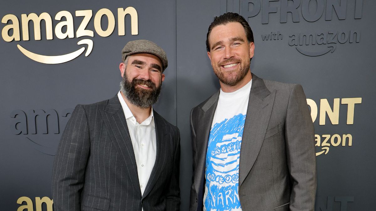 Jason Kelce and Travis Kelce attend the Amazon 2025 Upfront at Beacon Theatre on May 12, 2025 in New York City