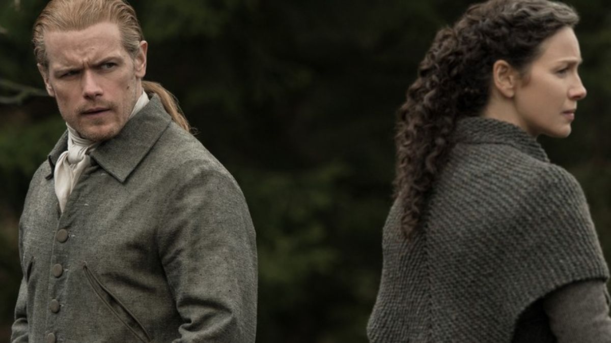 Sam Heughan as Jamie Fraser and Caitriona Balfe as Claire Fraser on Outlander