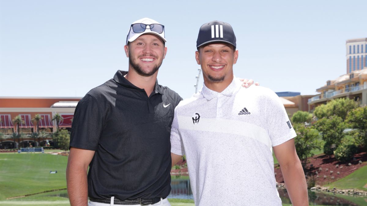 osh Allen and Patrick Mahomes pose for a photo prior to Capital One's The Match VI - Brady & Rodgers v Allen & Mahomes at Wynn Golf Club