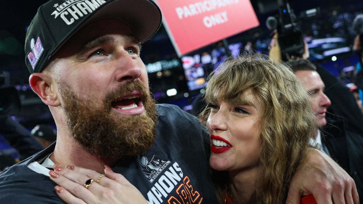Travis Kelce #87 of the Kansas City Chiefs (L) celebrates with Taylor Swift after defeating the Baltimore Ravens in the AFC Championship Game at M&T Bank Stadium on January 28, 2024