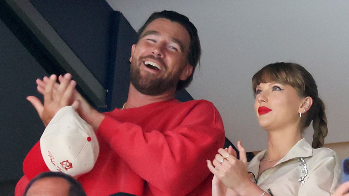 Travis Kelce, left, and Taylor Swift react as the Edmonton Oilers and the Florida Panthers play during the first period in Game Four of the 2025 Stanley Cup Final at Amerant Bank Arena on June 12, 2025