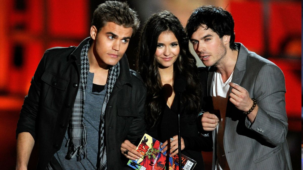 Actors Paul Wesley, Nina Dobrev, and Ian Somerhalder speak onstage during Spike TV's "Scream 2010" at The Greek Theatre on October 16, 2010