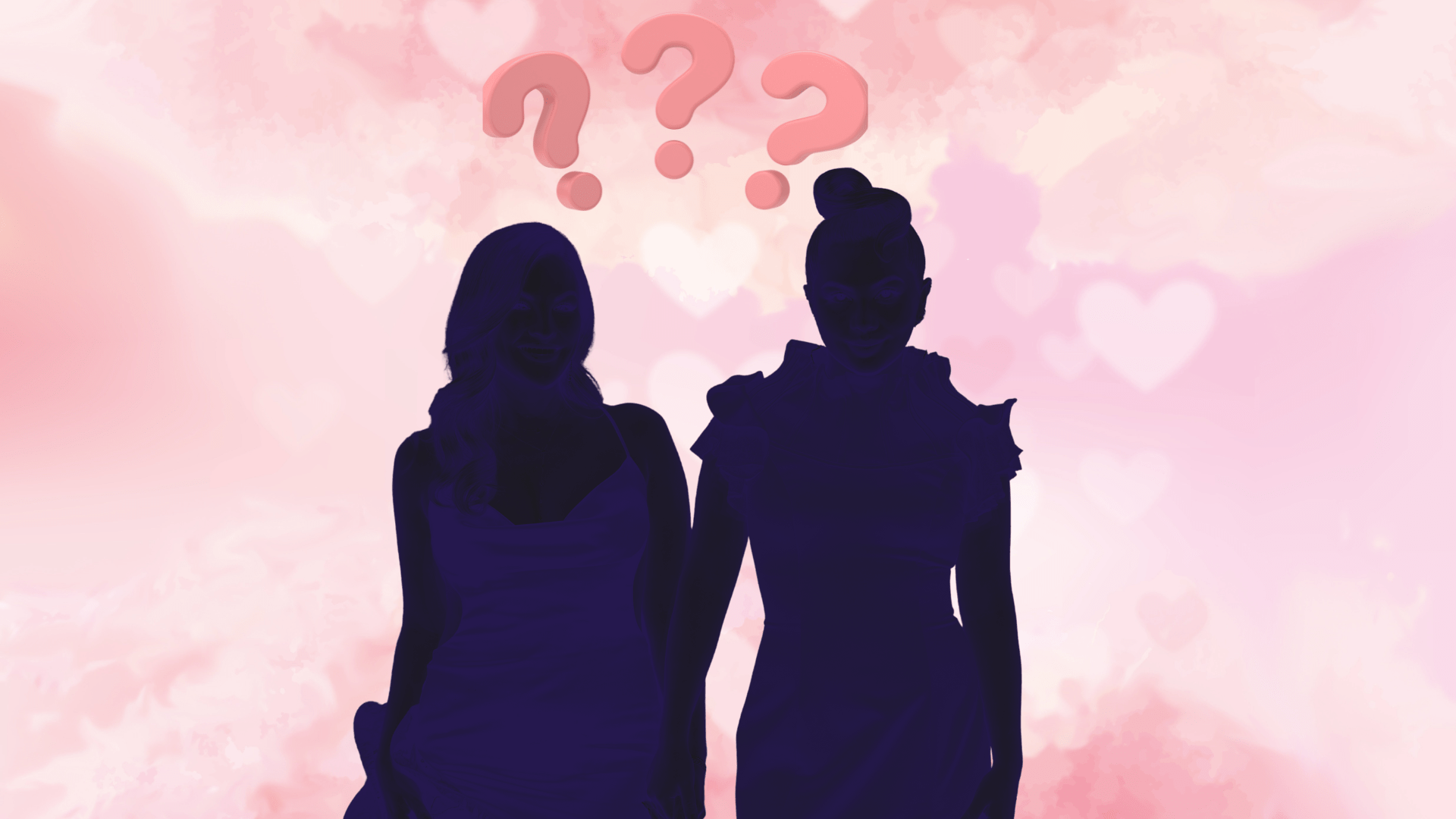 Becca Tilley and Hayley Kiyoko silhouette in front of pink hearts