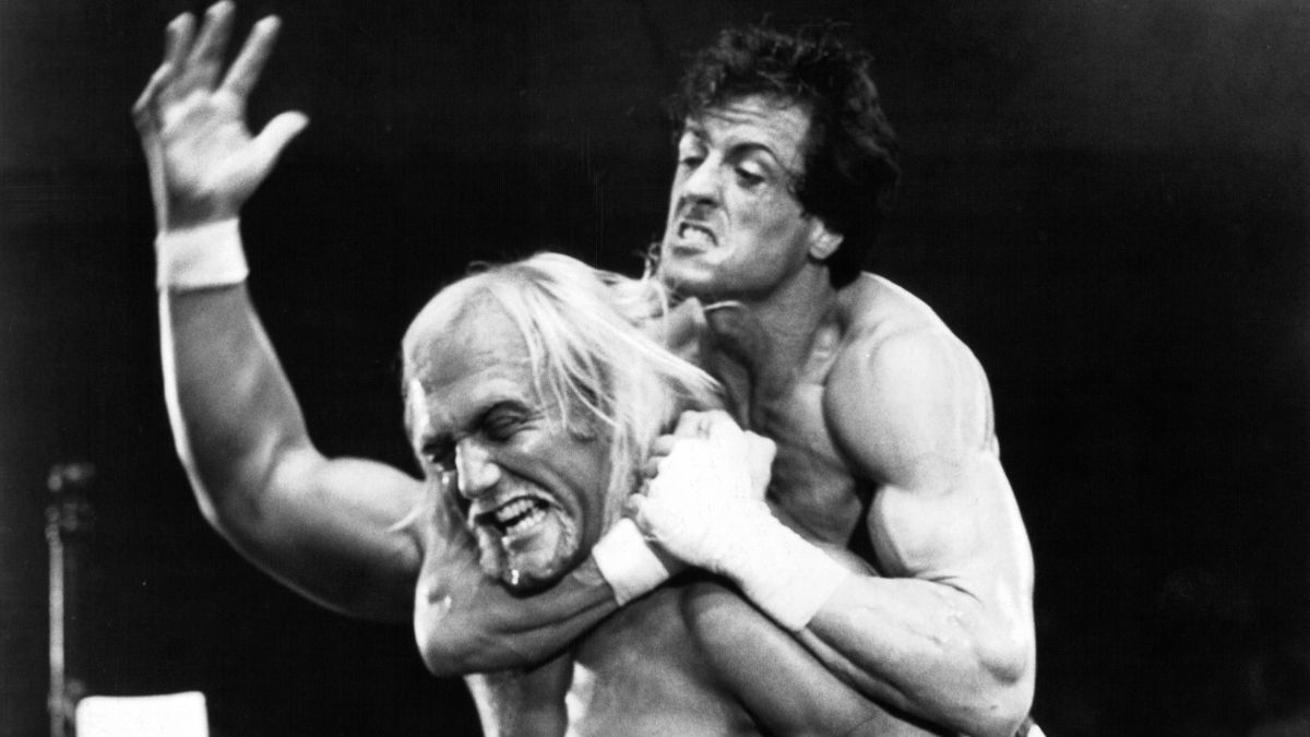 Sylvester Stallone and actor Hulk Hogan on set of the MGM/United Artist movie "Rocky III" in 1982