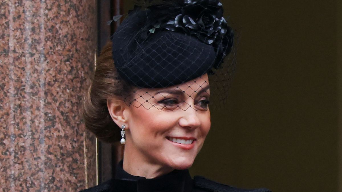 Catherine, Princess of Wales looks on from a balcony during the annual Service Of Remembrance at The Cenotaph on November 10, 2024 in London, England