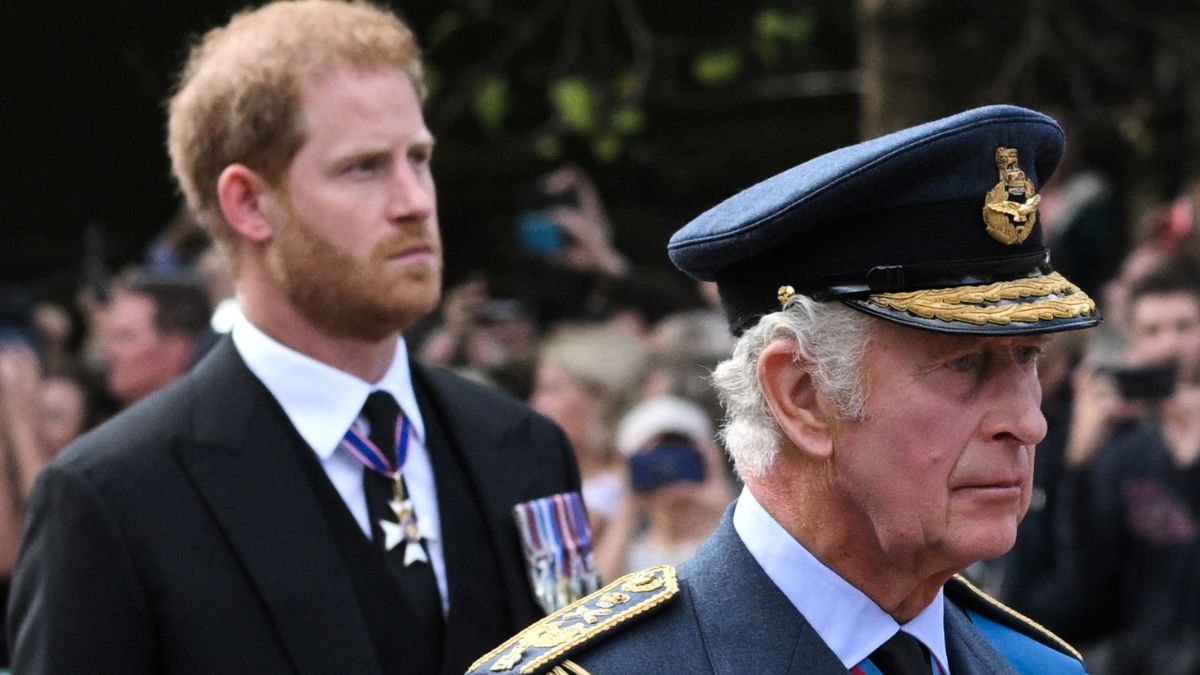 Britain's King Charles III and Britain's Prince Harry, Duke of Sussex walk behind the coffin of Queen Elizabeth II, adorned with a Royal Standard and the Imperial State Crown and pulled by a Gun Carriage of The King's Troop Royal Horse Artillery, during a procession from Buckingham Palace to the Palace of Westminster