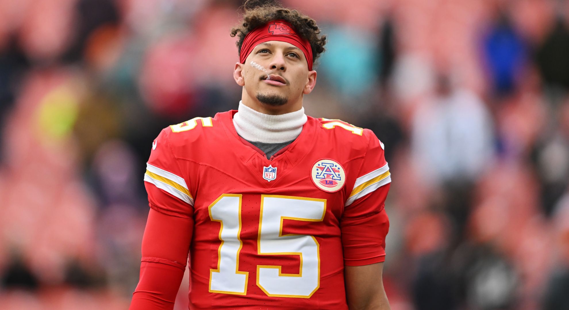 Patrick Mahomes #15 of the Kansas City Chiefs looks on before the game against the Cleveland Browns at Huntington Bank Field on December 15, 2024 in Cleveland, Ohio
