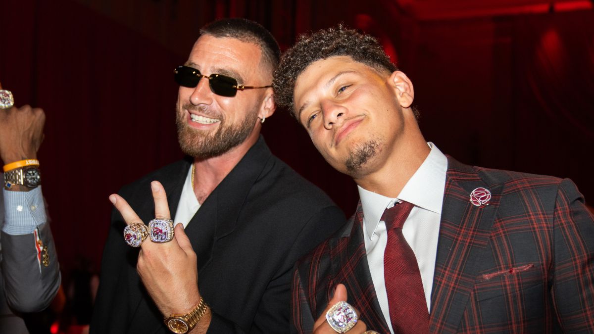 In this handout image provided by the Kansas City Chiefs, Travis Kelce and Patrick Mahomes of the Kansas City Chiefs pose during the Kansas City Chiefs Super Bowl LVII Ring Ceremony at Union Station on June 15, 2023 in Kansas City, Missouri