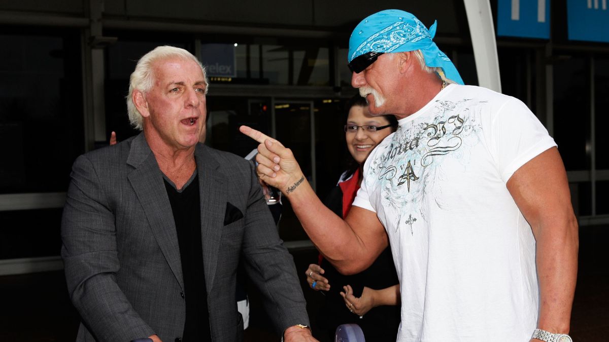 Hulk Hogan (R) and Ric Flair arrive at Sydney Airport, ahead of the Australian Hulkamania tour on November 17, 2009 in Sydney, Australia