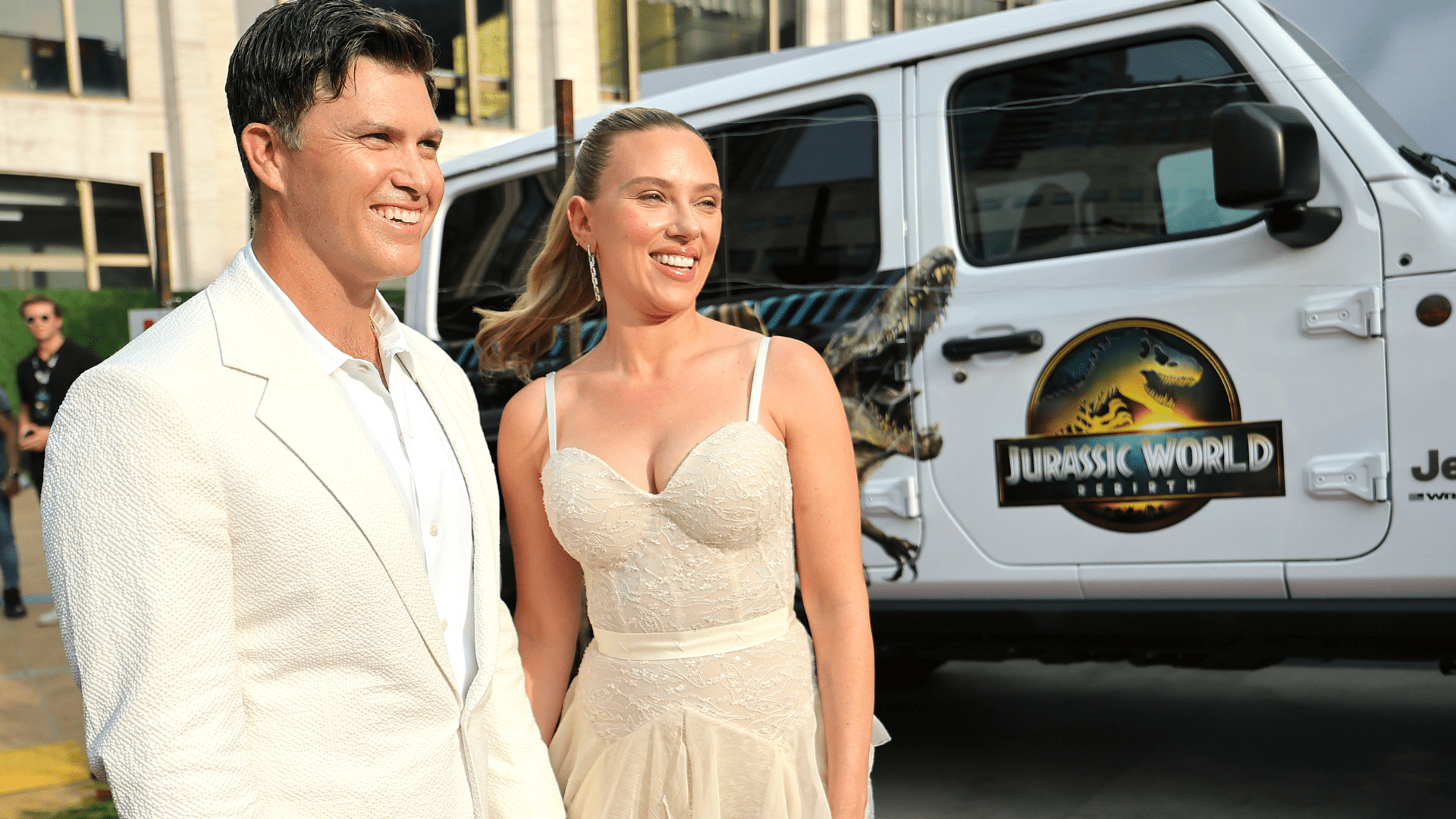 Colin Jost and Scarlett Johansson attend the JURASSIC WORLD REBIRTH Premiere