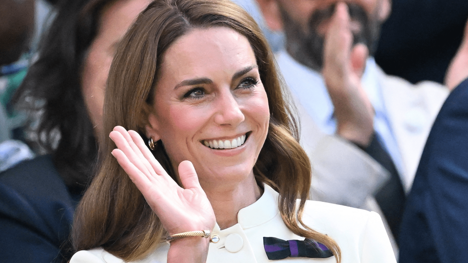 Britain's Catherine, Princess of Wales waves at Wimbledon 2025
