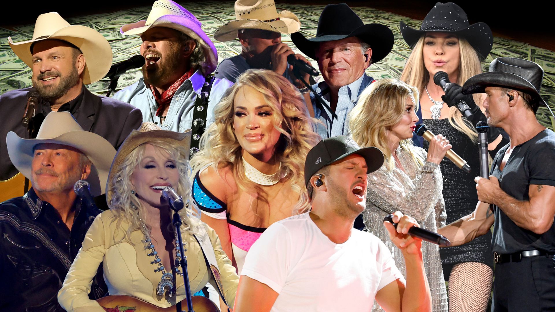 Garth Brooks, Toby Keith, Kenny Chesney, George Strait, Shania Twain, Alan Jackson, Dolly Parton, Carrie Underwood, Luke Bryan, Faith Hill and Tim McGraw