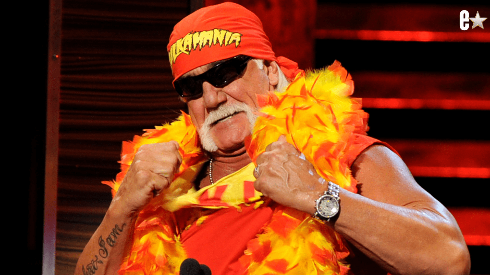 Wrestler Hulk Hogan wearing red and yellow boa