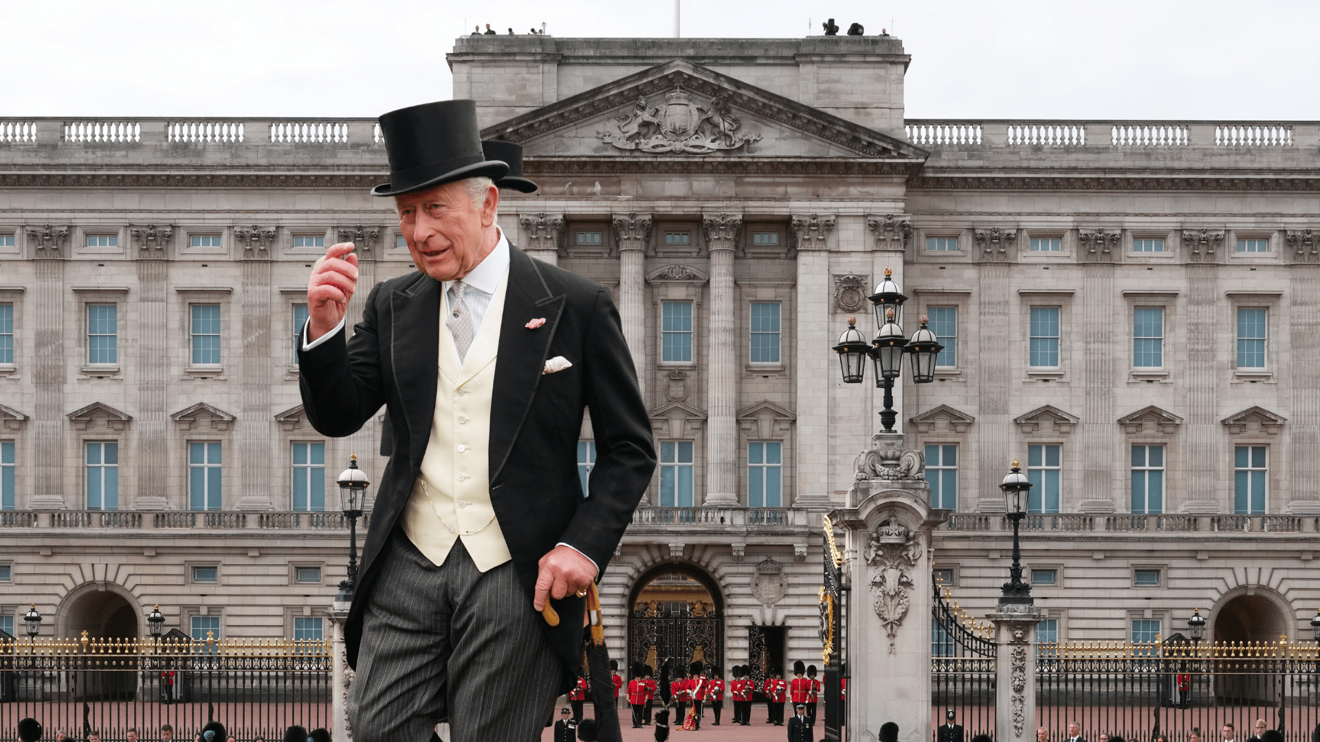 A photo of King Charles III in front of a photo of Buckingham Palace