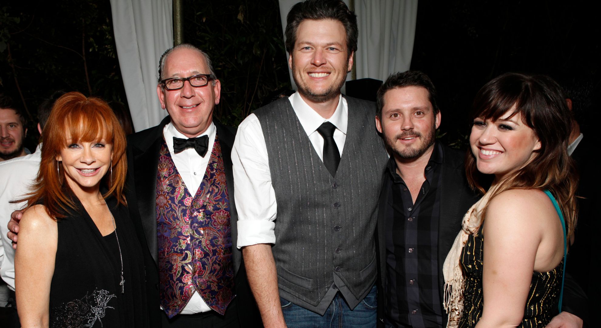 Reba McEntire, Warner Music Nashville’s President and CEO John Espositio, Blake Shelton, Brandon Blackstock and Kelly Clarkson attend Warner Music Group Grammy Celebration hosted by InStyle at Chateau Marmont on February 12, 2012