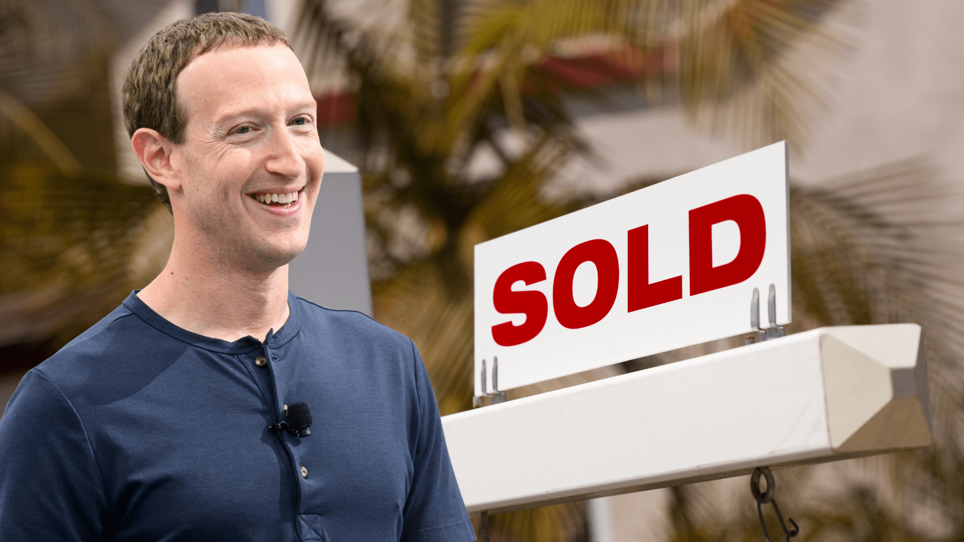 Mark Zuckerberg next to a "sold" sign