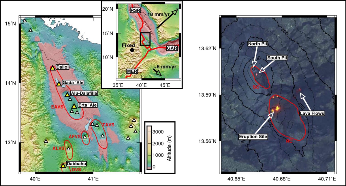 Three maps: East African Rift, Ethiopian volcanoes, and Erta Ale
