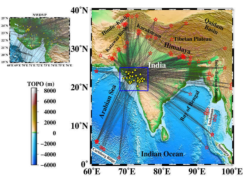 Map of the study area in western India showing a network of seismic recording stations