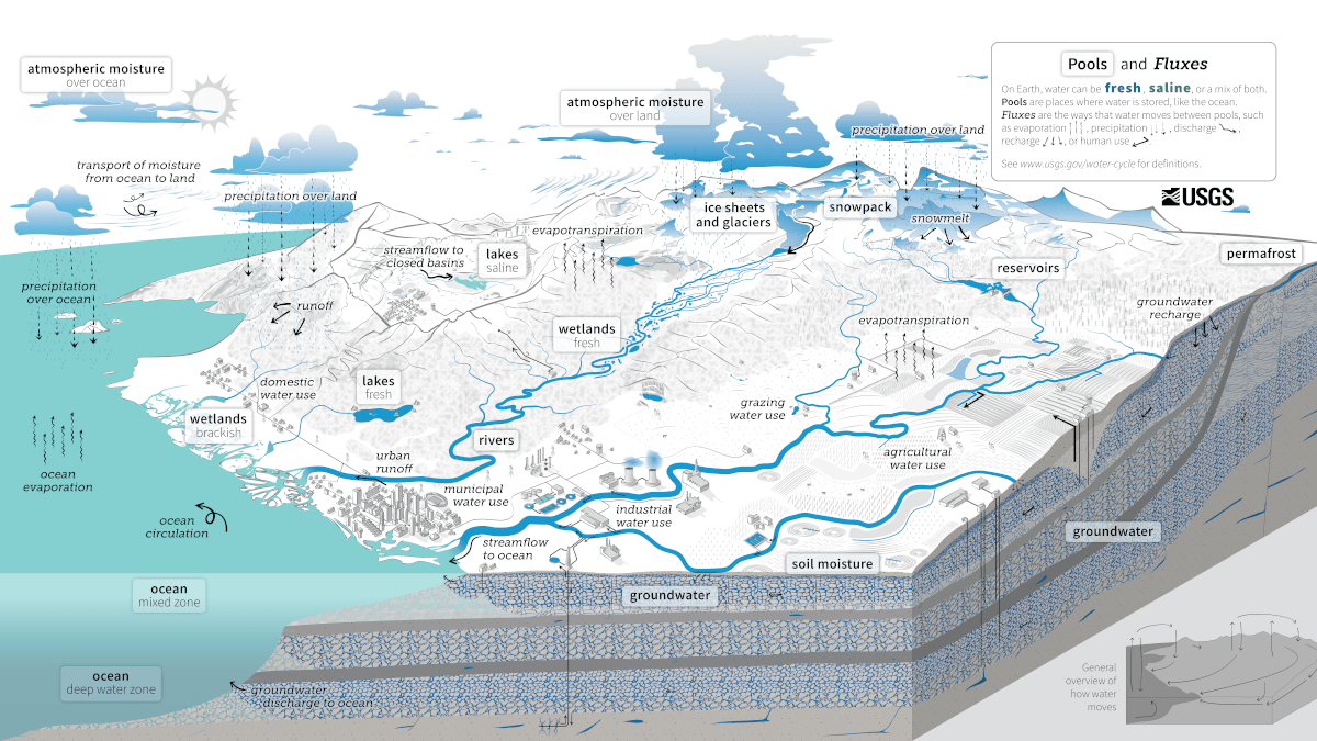 Diagram showing various water cycles on Earth.