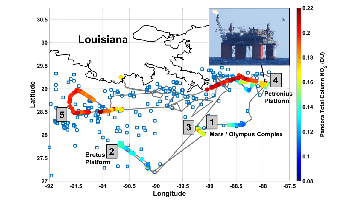 Map showing sample locations and a photo of an oil platform in the ocean.