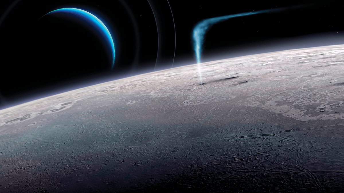 An artist’s depiction of a cryovolcano is erupting on Neptune’s moon Triton.