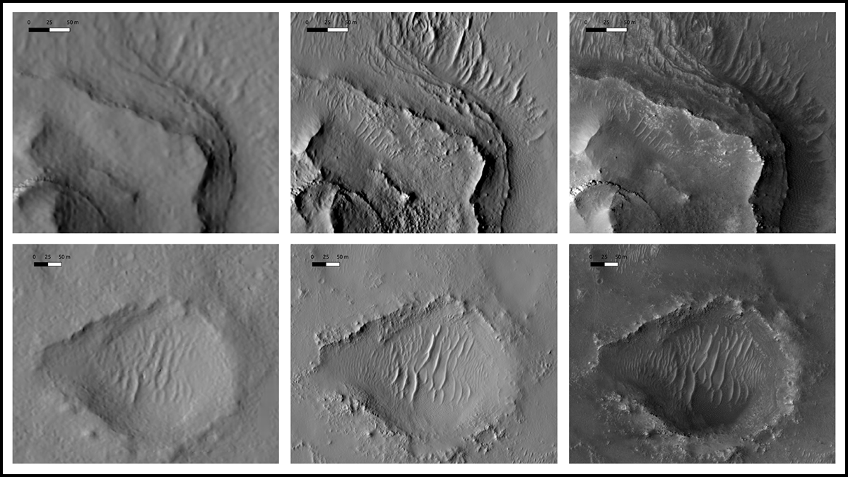一个由六张黑白图像组成的网格，其中三张图像分别代表火星表面的两个区域。中央的HiRISE MADNet数字地形模型镶嵌图像清晰度最高，分辨率最高。