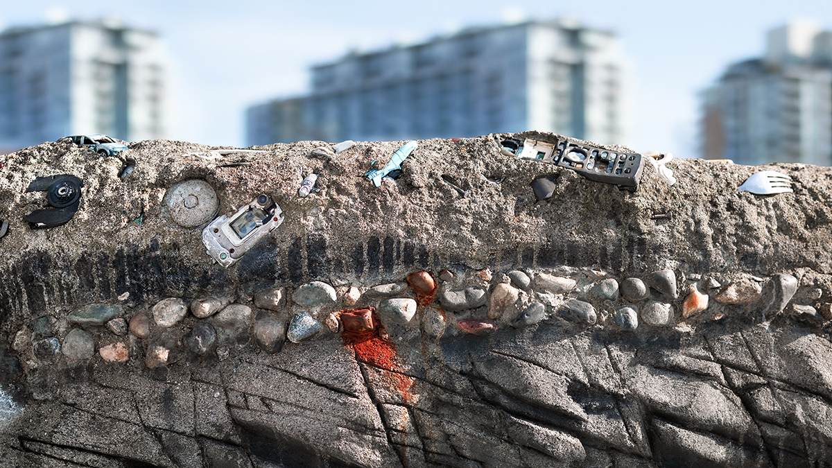 Old phones, computer parts, and random human garbage trapped in sediment