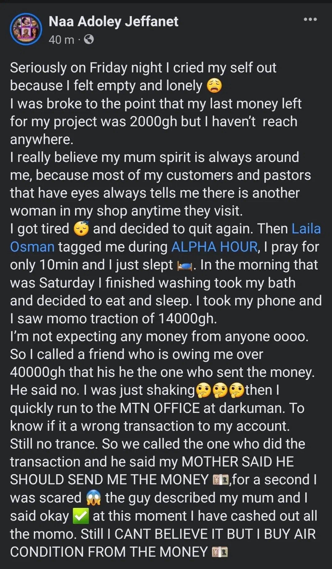 Ghanaian woman explains how her deceased mother sent her ₵14,000 through MoMo