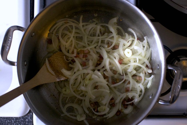 onions, garlic and pancetta