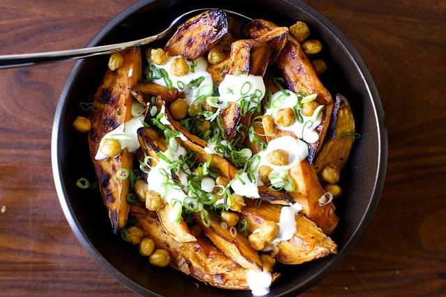 roasted yams and chickpeas with yogurt