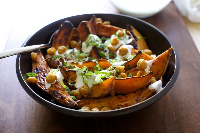 roasted yams and chickpeas with yogurt