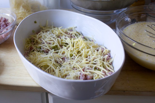 cheese then leeks then ham then cheese