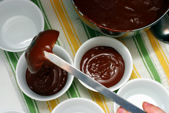ladling chocolate pudding