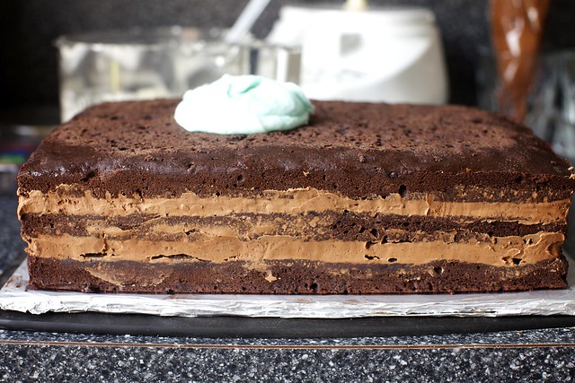 a very tall chocolate/chocolate cake