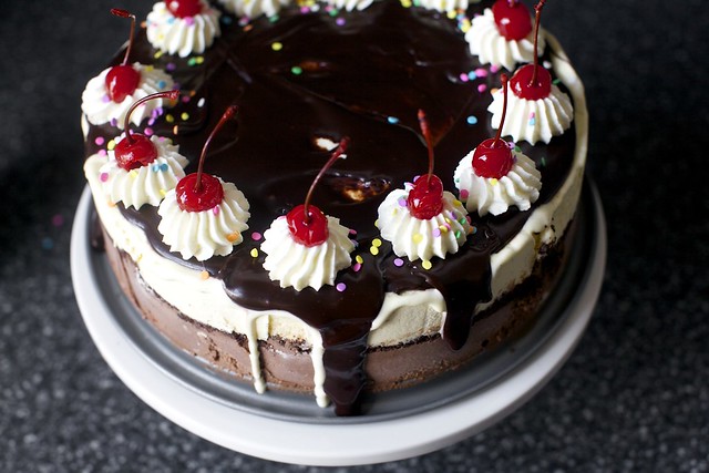 hot fudge sundae cake, with sprinkles