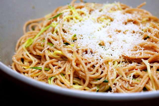 zucchini strand spaghetti, minutes before its demise