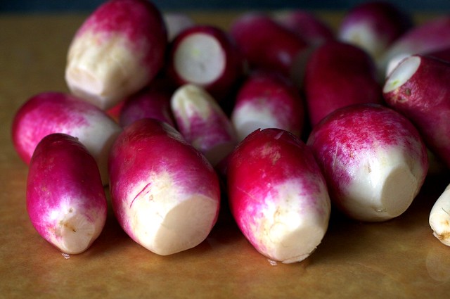 trimmed and scrubbed radishes