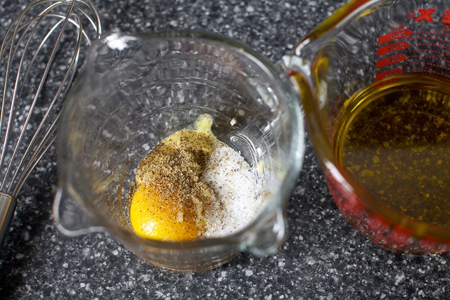 yolk, salt, pepper, dijon, olive oil