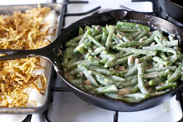 crispy onions + green beans in mushroom cream sauce