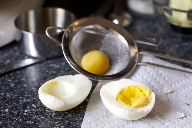 hard-boiled egg, yolk popped out