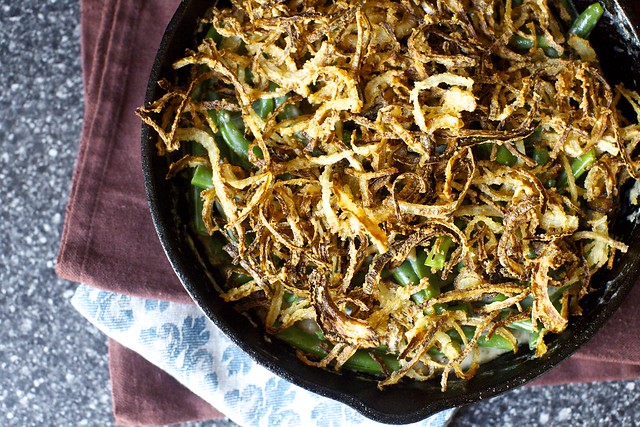 green bean casserole with crispy onions