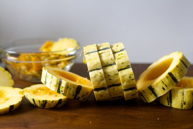 cut into rings, then chunks