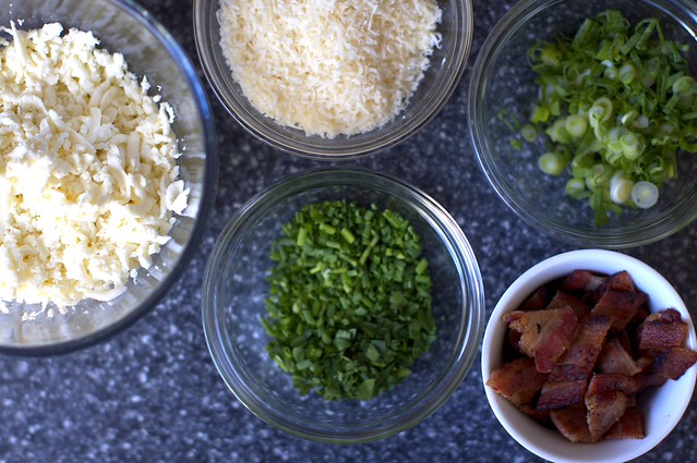 cheese, scallions, herbs and bacon